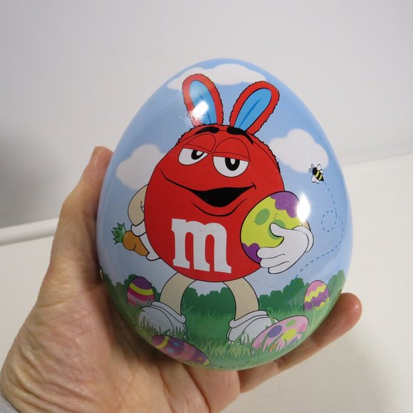 M&M's Easter Egg Shaped Metal Tin Red M&Ms Character with Rabbit Ears - Picture 1 of 7